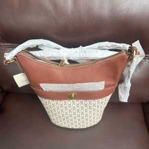 Fossil Brown Leather & Cream Signature Canvas Shoulder Bag